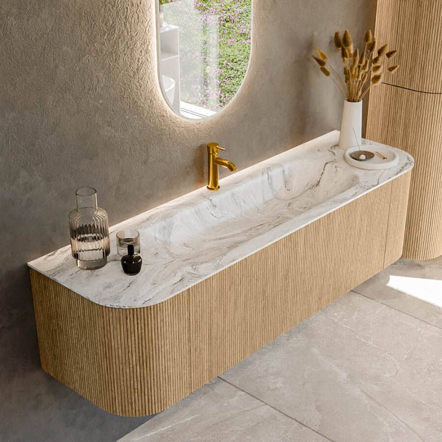 Mondiaz KURVE-DLUX 160cm badmeubel met module 25 Len R kleur Oak met 1 lade en 2 deuren. Wastafel BIG MEDIUM midden 1 kraangat kleur Glace. KRVBGM160L+R1L2D1KM-Oak Gla