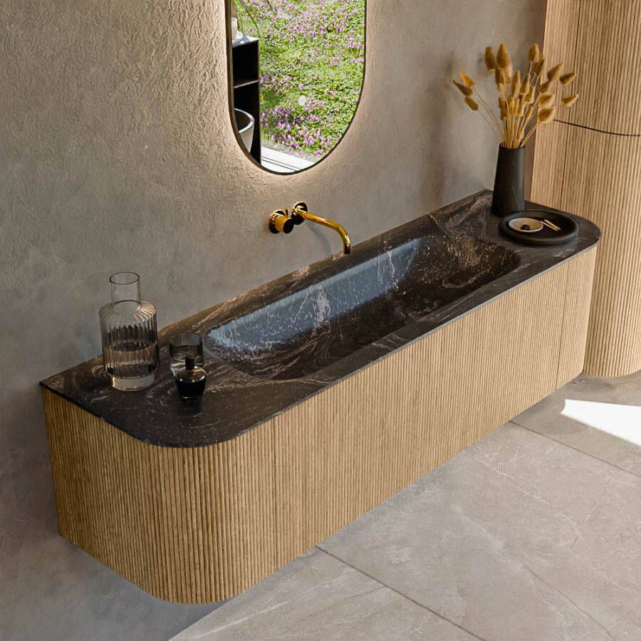 Mondiaz KURVE-DLUX 160cm badmeubel met module 25 Len R kleur Oak met 1 lade en 2 deuren. Wastafel BIG MEDIUM midden zonder kraangat kleur Lava. KRVBGM160L+R1L2D0KM-Oak Lav