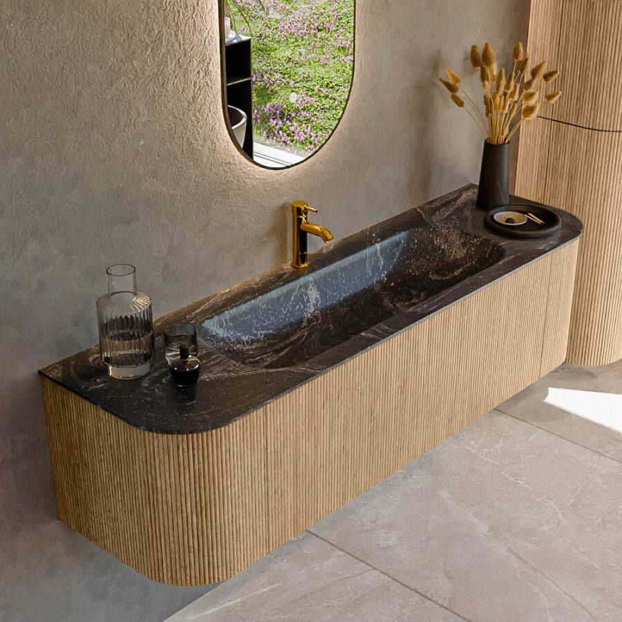 Mondiaz KURVE-DLUX 160cm badmeubel met module 25 Len R kleur Oak met 1 lade en 2 deuren. Wastafel BIG MEDIUM midden 1 kraangat kleur Lava. KRVBGM160L+R1L2D1KM-Oak Lav
