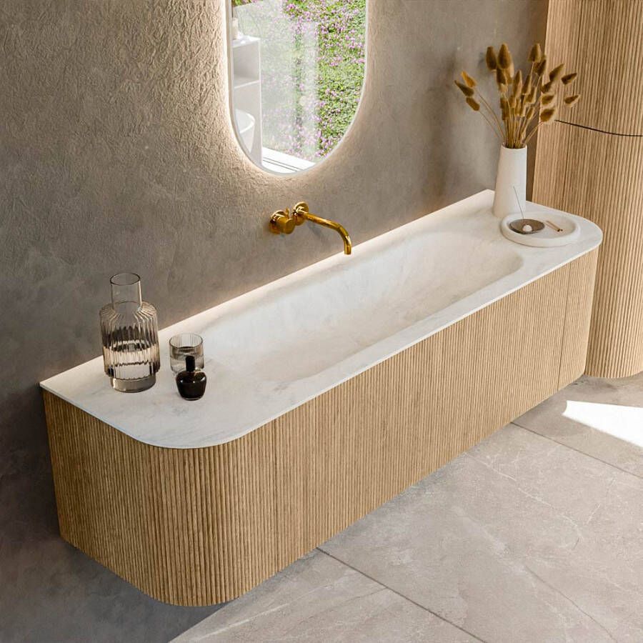 Mondiaz KURVE-DLUX 160cm badmeubel met module 25 Len R kleur Oak met 1 lade en 2 deuren. Wastafel BIG MEDIUM midden zonder kraangat kleur Opalo. KRVBGM160L+R1L2D0KM-Oak Opa
