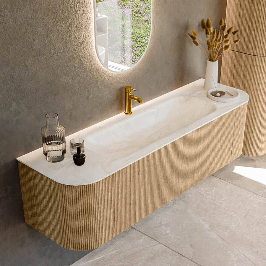 Mondiaz KURVE-DLUX 160cm badmeubel met module 25 Len R kleur Oak met 1 lade en 2 deuren. Wastafel BIG MEDIUM midden 1 kraangat kleur Ostra. KRVBGM160L+R1L2D1KM-Oak Ost