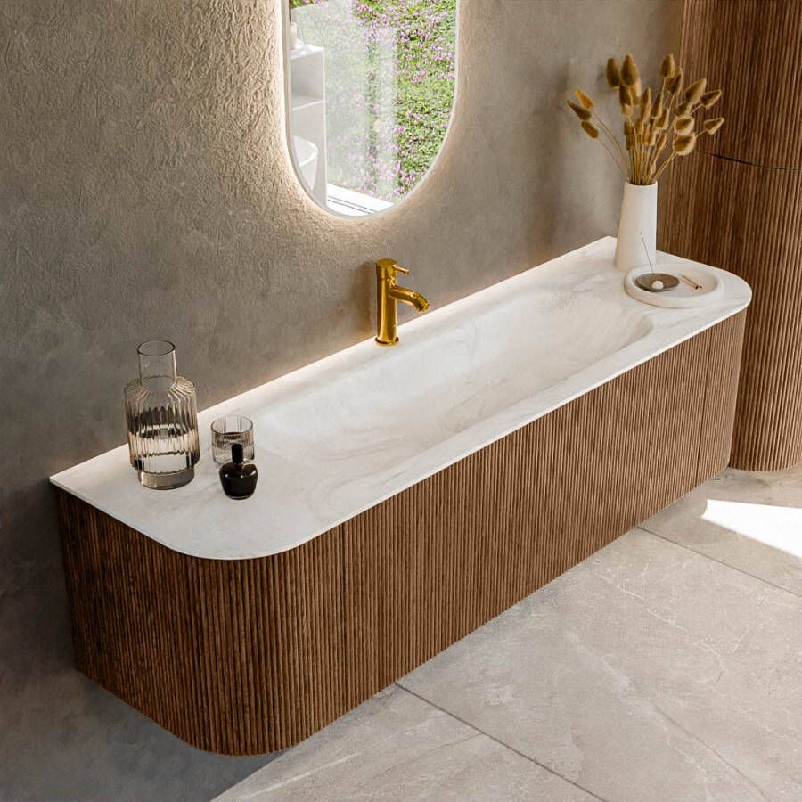 Mondiaz KURVE-DLUX 160cm badmeubel met module 25 Len R kleur Walnut met 1 lade en 2 deuren. Wastafel BIG MEDIUM midden 1 kraangat kleur Ostra. KRVBGM160L+R1L2D1KM-Wal Ost
