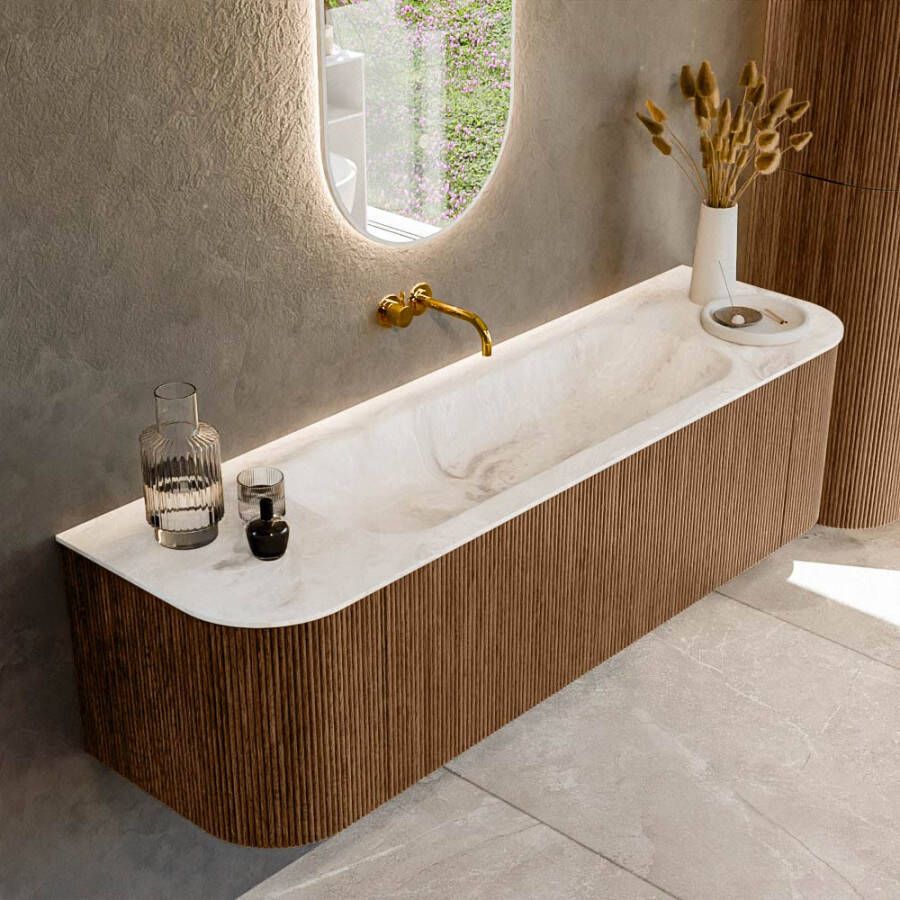 Mondiaz KURVE-DLUX 160cm badmeubel met module 25 Len R kleur Walnut met 1 lade en 2 deuren. Wastafel BIG MEDIUM midden zonder kraangat kleur Frappe. KRVBGM160L+R1L2D0KM-Wal Fra