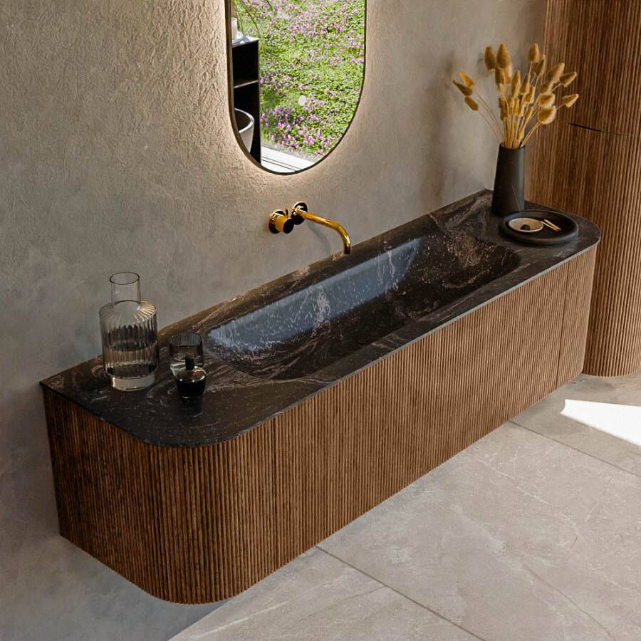 Mondiaz KURVE-DLUX 160cm badmeubel met module 25 Len R kleur Walnut met 1 lade en 2 deuren. Wastafel BIG MEDIUM midden zonder kraangat kleur Lava. KRVBGM160L+R1L2D0KM-Wal Lav
