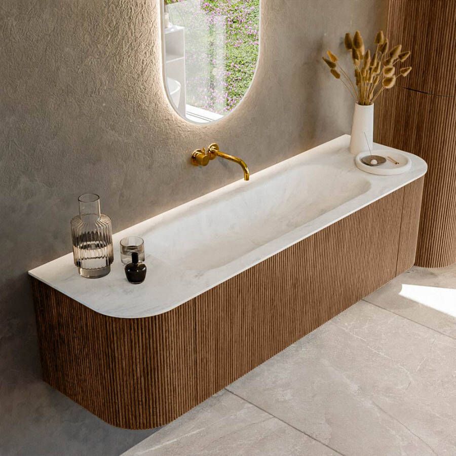 Mondiaz KURVE-DLUX 160cm badmeubel met module 25 Len R kleur Walnut met 1 lade en 2 deuren. Wastafel BIG MEDIUM midden zonder kraangat kleur Opalo. KRVBGM160L+R1L2D0KM-Wal Opa