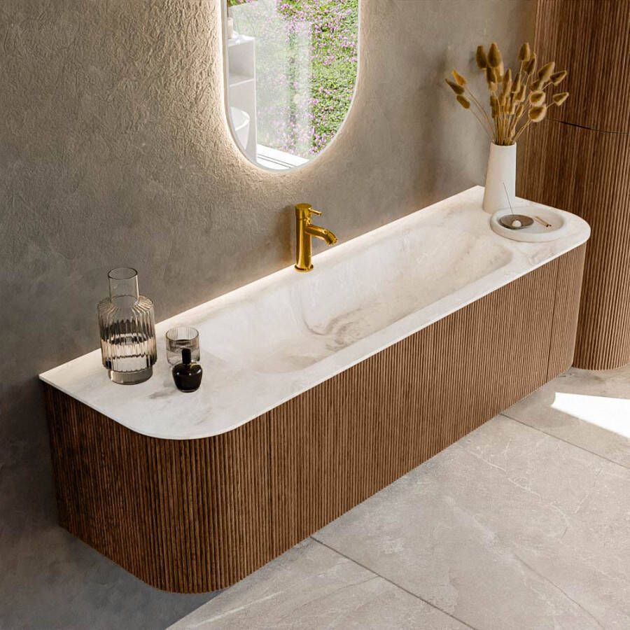 Mondiaz KURVE-DLUX 160cm badmeubel met module 25 Len R kleur Walnut met 1 lade en 2 deuren. Wastafel BIG MEDIUM midden 1 kraangat kleur Frappe. KRVBGM160L+R1L2D1KM-Wal Fra