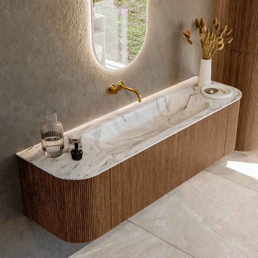 Mondiaz KURVE-DLUX 160cm badmeubel met module 25 Len R kleur Walnut met 1 lade en 2 deuren. Wastafel BIG MEDIUM midden zonder kraangat kleur Glace. KRVBGM160L+R1L2D0KM-Wal Gla