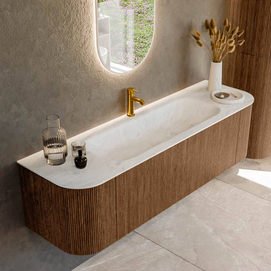 Mondiaz KURVE-DLUX 160cm badmeubel met module 25 Len R kleur Walnut met 1 lade en 2 deuren. Wastafel BIG MEDIUM midden 1 kraangat kleur Opalo. KRVBGM160L+R1L2D1KM-Wal Opa