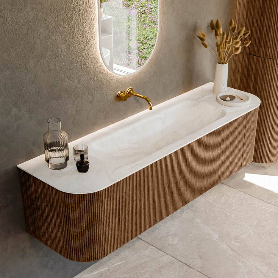 Mondiaz KURVE-DLUX 160cm badmeubel met module 25 Len R kleur Walnut met 1 lade en 2 deuren. Wastafel BIG MEDIUM midden zonder kraangat kleur Ostra. KRVBGM160L+R1L2D0KM-Wal Ost