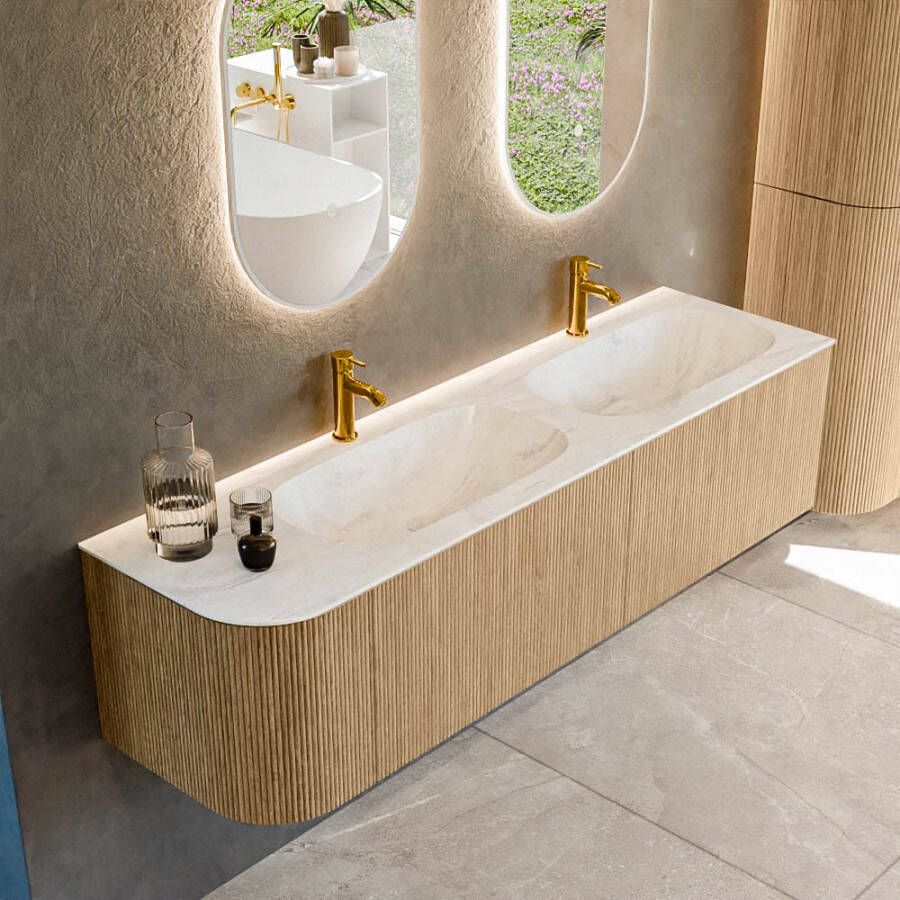 Mondiaz KURVE-DLUX 165cm badmeubel met module 25 L kleur Oak met 2 lades en 1 deur. Wastafel STOR SMALL dubbel rechts 2 kraangaten kleur Ostra. KRVSTS165L2L1D2KD-Oak Ost