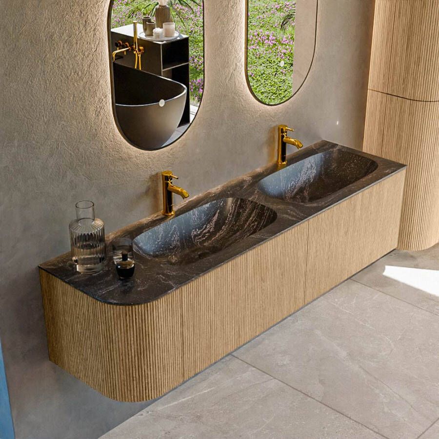 Mondiaz KURVE-DLUX 165cm badmeubel met module 25 L kleur Oak met 2 lades en 1 deur. Wastafel STOR SMALL dubbel rechts 2 kraangaten kleur Lava. KRVSTS165L2L1D2KD-Oak Lav