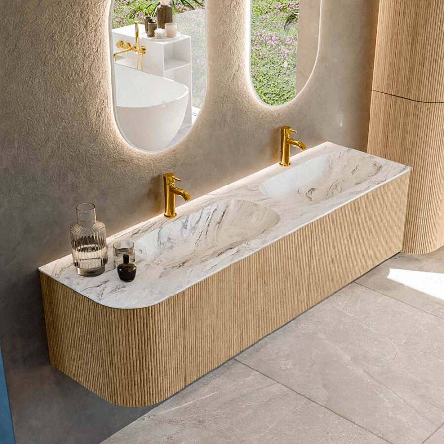 Mondiaz KURVE-DLUX 165cm badmeubel met module 25 L kleur Oak met 2 lades en 1 deur. Wastafel STOR SMALL dubbel rechts 2 kraangaten kleur Glace. KRVSTS165L2L1D2KD-Oak Gla