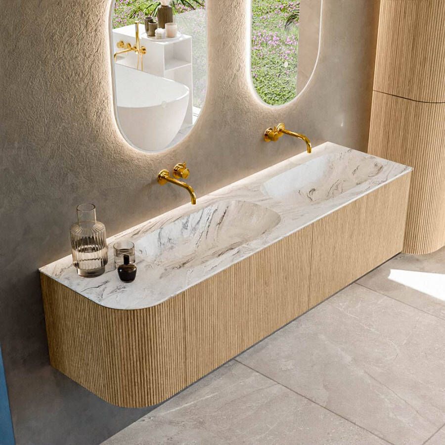 Mondiaz KURVE-DLUX 165cm badmeubel met module 25 L kleur Oak met 2 lades en 1 deur. Wastafel STOR SMALL dubbel rechts zonder kraangat kleur Glace. KRVSTS165L2L1D0KD-Oak Gla