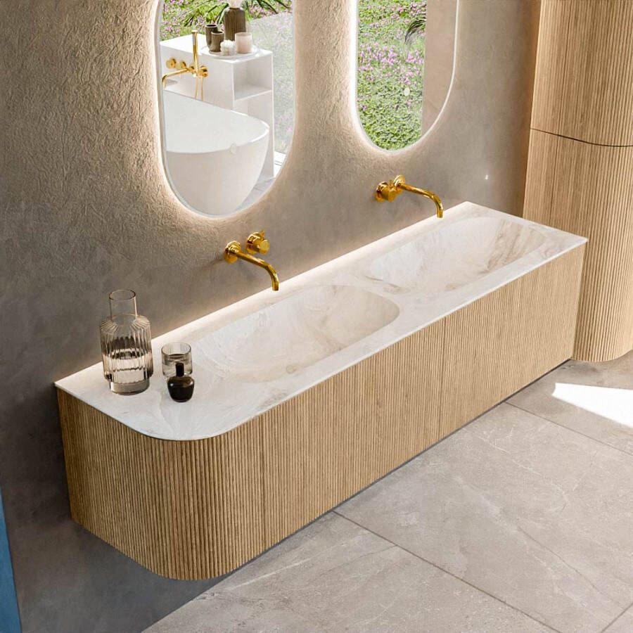 Mondiaz KURVE-DLUX 165cm badmeubel met module 25 L kleur Oak met 2 lades en 1 deur. Wastafel STOR SMALL dubbel rechts zonder kraangat kleur Frappe. KRVSTS165L2L1D0KD-Oak Fra