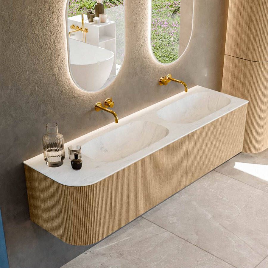 Mondiaz KURVE-DLUX 165cm badmeubel met module 25 L kleur Oak met 2 lades en 1 deur. Wastafel STOR SMALL dubbel rechts zonder kraangat kleur Opalo. KRVSTS165L2L1D0KD-Oak Opa