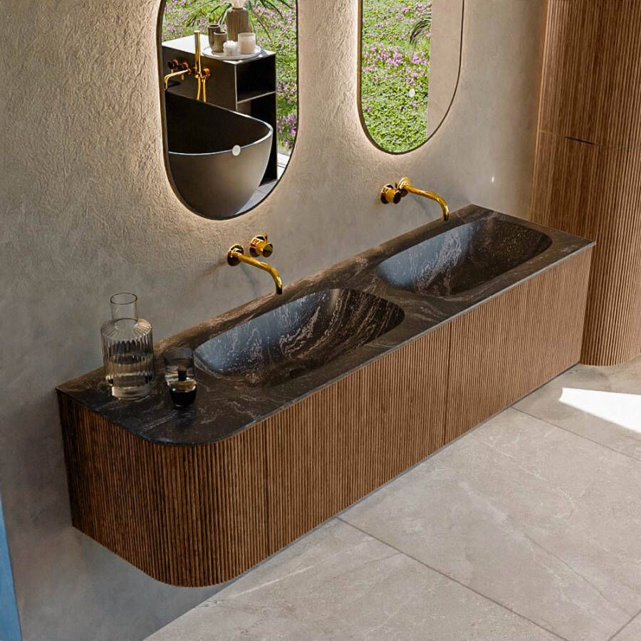 Mondiaz KURVE-DLUX 165cm badmeubel met module 25 L kleur Walnut met 2 lades en 1 deur. Wastafel STOR SMALL dubbel rechts zonder kraangat kleur Lava. KRVSTS165L2L1D0KD-Wal Lav