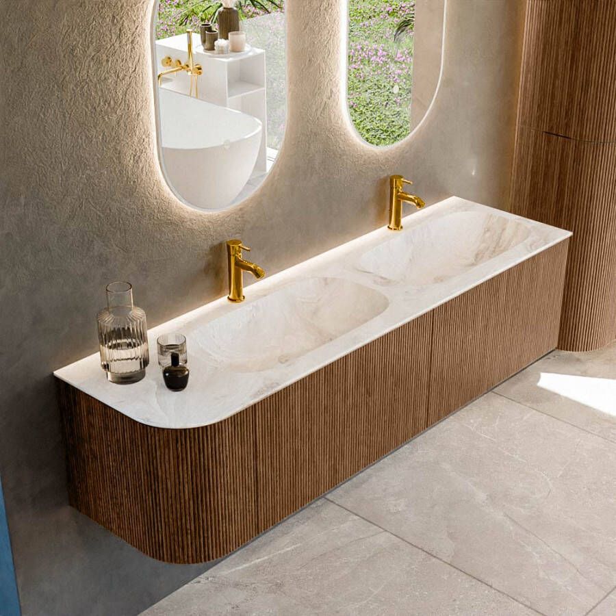 Mondiaz KURVE-DLUX 165cm badmeubel met module 25 L kleur Walnut met 2 lades en 1 deur. Wastafel STOR SMALL dubbel rechts 2 kraangaten kleur Frappe. KRVSTS165L2L1D2KD-Wal Fra