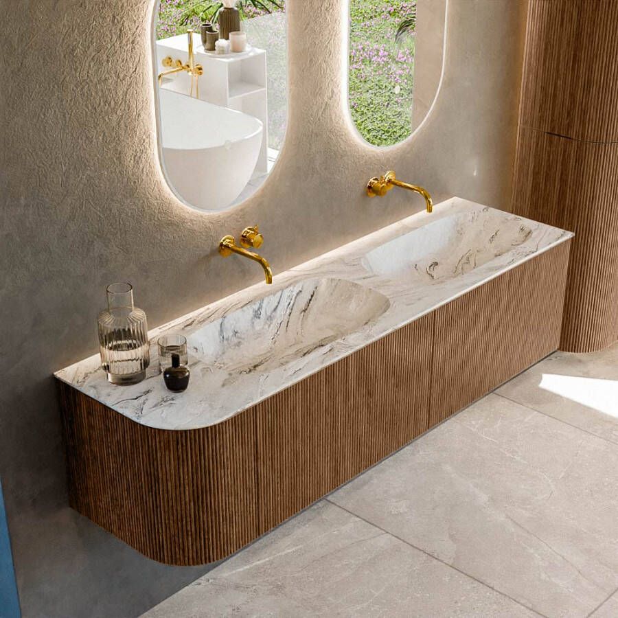 Mondiaz KURVE-DLUX 165cm badmeubel met module 25 L kleur Walnut met 2 lades en 1 deur. Wastafel STOR SMALL dubbel rechts zonder kraangat kleur Glace. KRVSTS165L2L1D0KD-Wal Gla
