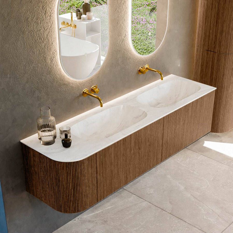 Mondiaz KURVE-DLUX 165cm badmeubel met module 25 L kleur Walnut met 2 lades en 1 deur. Wastafel STOR SMALL dubbel rechts zonder kraangat kleur Ostra. KRVSTS165L2L1D0KD-Wal Ost