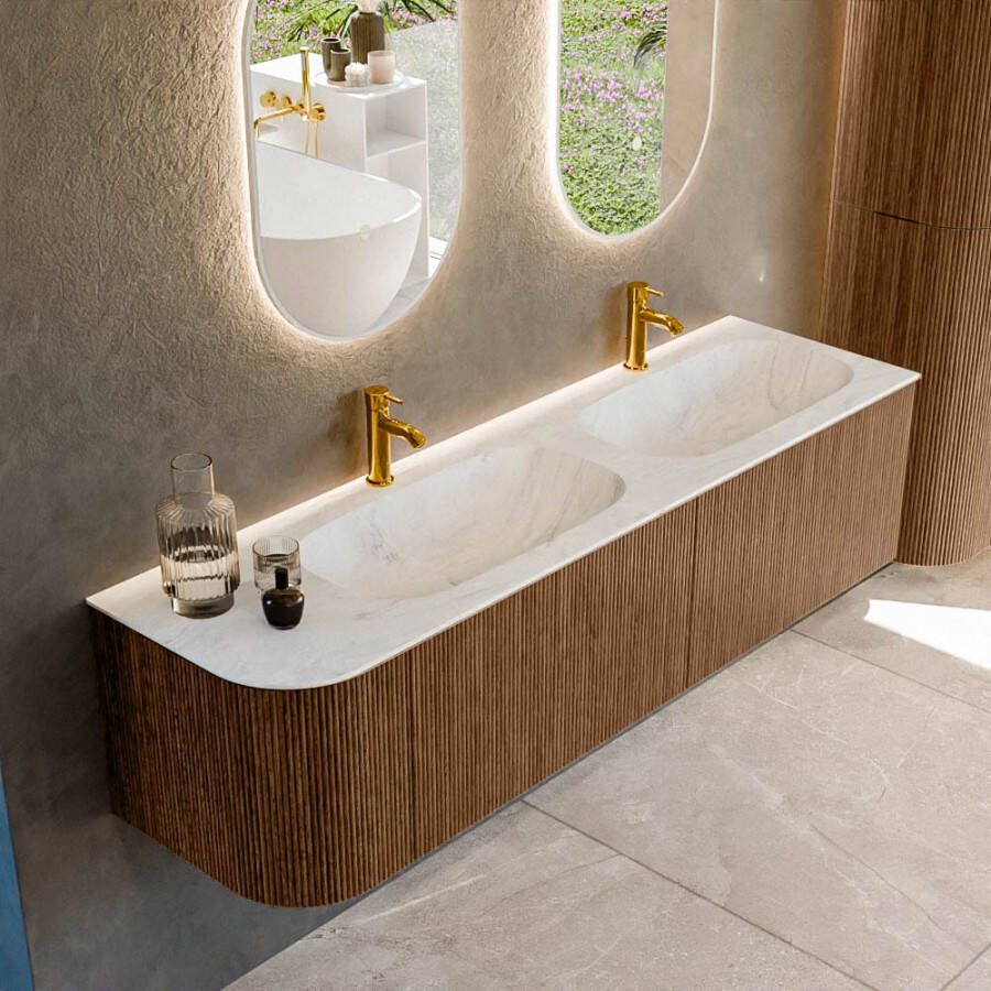 Mondiaz KURVE-DLUX 165cm badmeubel met module 25 L kleur Walnut met 2 lades en 1 deur. Wastafel STOR SMALL dubbel rechts 2 kraangaten kleur Opalo. KRVSTS165L2L1D2KD-Wal Opa