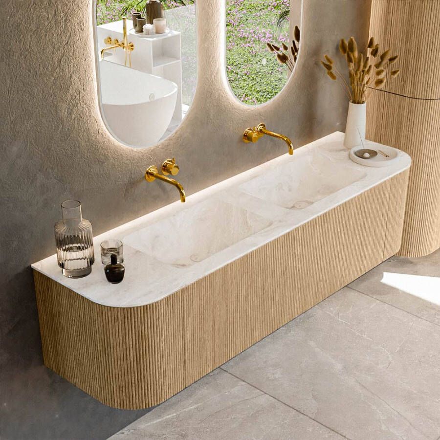 Mondiaz KURVE-DLUX 170cm badmeubel met module 25 Len R kleur Oak met 1 lade en 2 deuren. Wastafel LEAF dubbel zonder kraangat kleur Frappe. KRVLEA170L+R1L2D0KD-Oak Fra