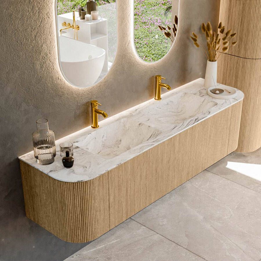 Mondiaz KURVE-DLUX 170cm badmeubel met module 25 Len R kleur Oak met 1 lade en 2 deuren. Wastafel LEAF dubbel 2 kraangaten kleur Glace. KRVLEA170L+R1L2D2KD-Oak Gla