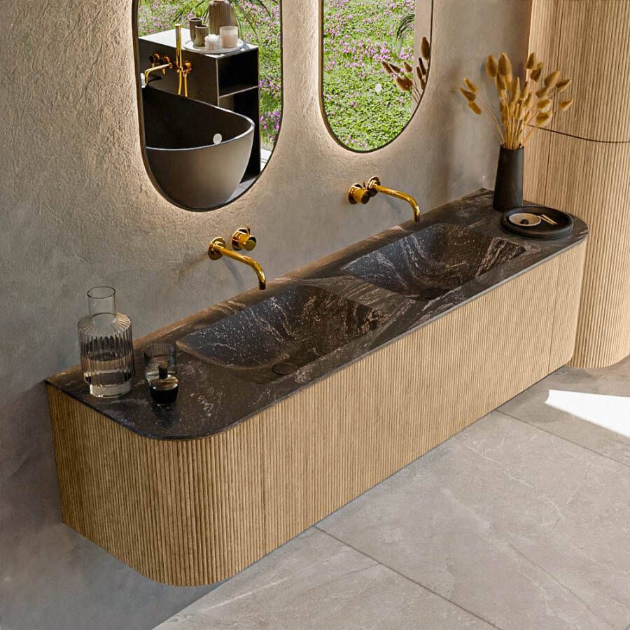 Mondiaz KURVE-DLUX 170cm badmeubel met module 25 Len R kleur Oak met 1 lade en 2 deuren. Wastafel LEAF dubbel zonder kraangat kleur Lava. KRVLEA170L+R1L2D0KD-Oak Lav