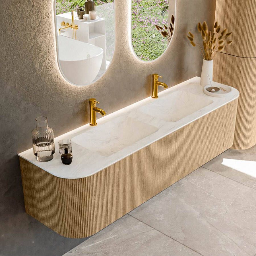 Mondiaz KURVE-DLUX 170cm badmeubel met module 25 Len R kleur Oak met 1 lade en 2 deuren. Wastafel LEAF dubbel 2 kraangaten kleur Opalo. KRVLEA170L+R1L2D2KD-Oak Opa