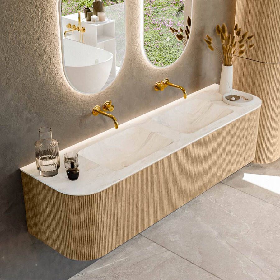 Mondiaz KURVE-DLUX 170cm badmeubel met module 25 Len R kleur Oak met 1 lade en 2 deuren. Wastafel LEAF dubbel zonder kraangat kleur Ostra. KRVLEA170L+R1L2D0KD-Oak Ost