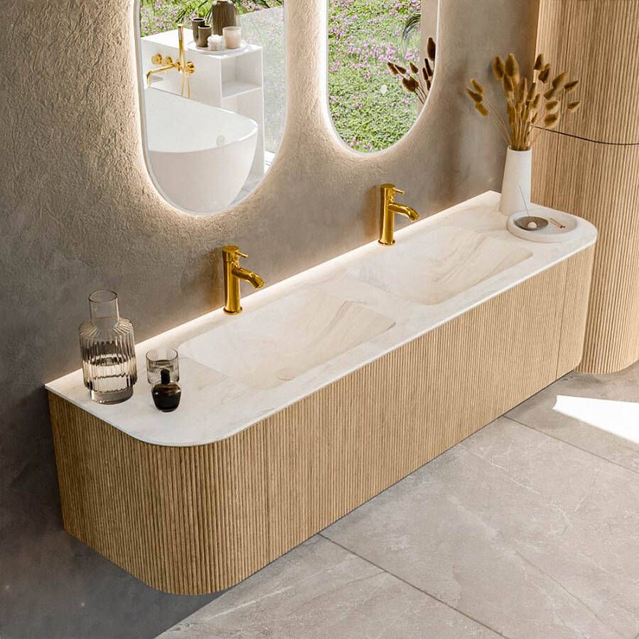 Mondiaz KURVE-DLUX 170cm badmeubel met module 25 Len R kleur Oak met 1 lade en 2 deuren. Wastafel LEAF dubbel 2 kraangaten kleur Ostra. KRVLEA170L+R1L2D2KD-Oak Ost