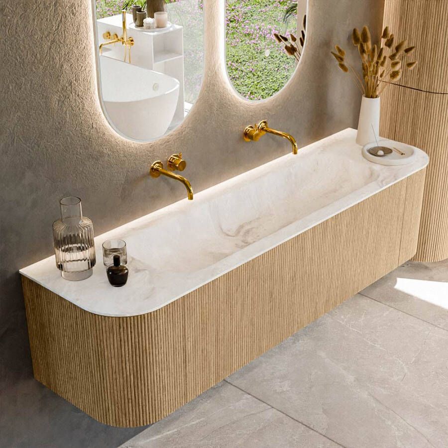 Mondiaz KURVE-DLUX 170cm badmeubel met module 25 Len R kleur Oak met 1 lade en 2 deuren. Wastafel BIG LARGE midden zonder kraangat kleur Frappe. KRVBGL170L+R1L2D0KM-Oak Fra