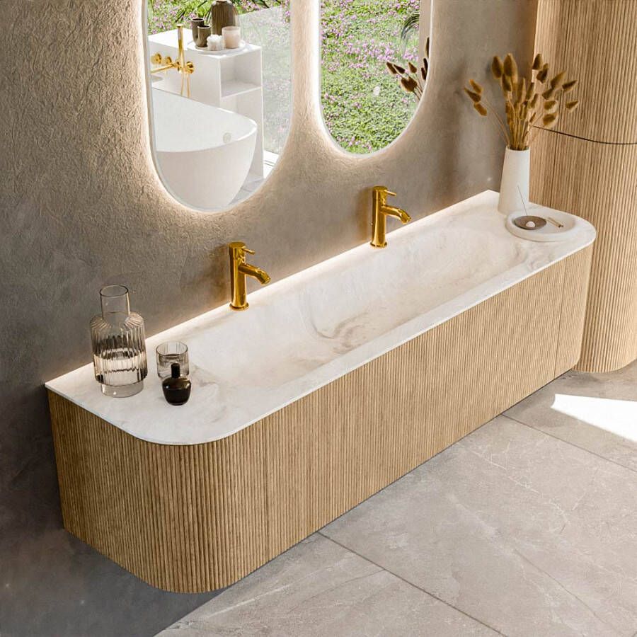 Mondiaz KURVE-DLUX 170cm badmeubel met module 25 Len R kleur Oak met 1 lade en 2 deuren. Wastafel BIG LARGE midden 2 kraangaten kleur Frappe. KRVBGL170L+R1L2D2KM-Oak Fra