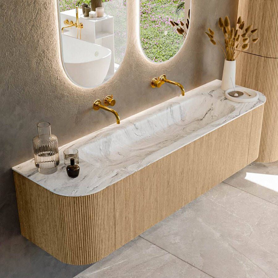 Mondiaz KURVE-DLUX 170cm badmeubel met module 25 Len R kleur Oak met 1 lade en 2 deuren. Wastafel BIG LARGE midden zonder kraangat kleur Glace. KRVBGL170L+R1L2D0KM-Oak Gla