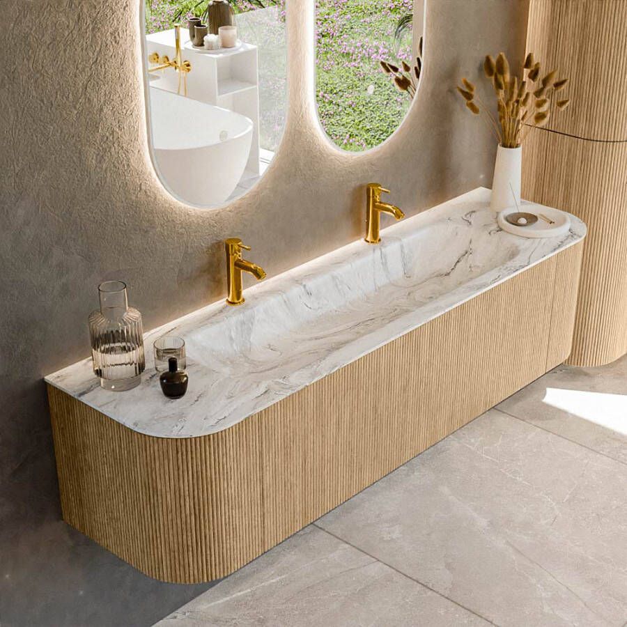 Mondiaz KURVE-DLUX 170cm badmeubel met module 25 Len R kleur Oak met 1 lade en 2 deuren. Wastafel BIG LARGE midden 2 kraangaten kleur Glace. KRVBGL170L+R1L2D2KM-Oak Gla