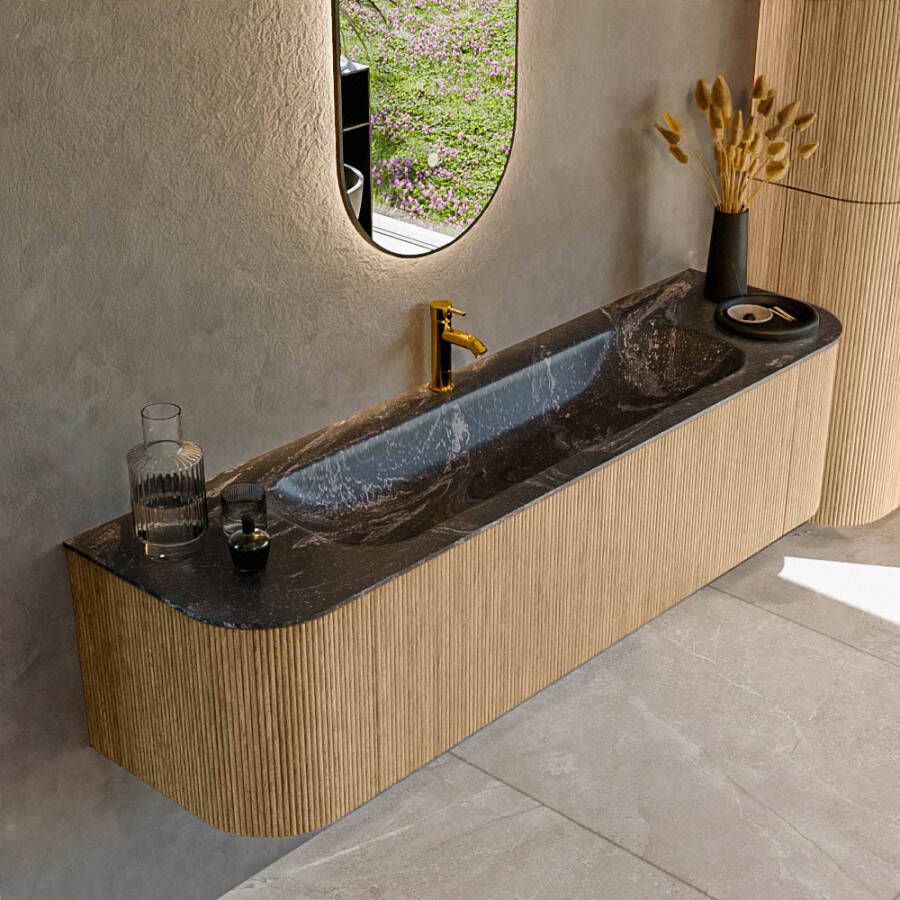 Mondiaz KURVE-DLUX 170cm badmeubel met module 25 Len R kleur Oak met 1 lade en 2 deuren. Wastafel BIG LARGE midden 1 kraangat kleur Lava. KRVBGL170L+R1L2D1KM-Oak Lav