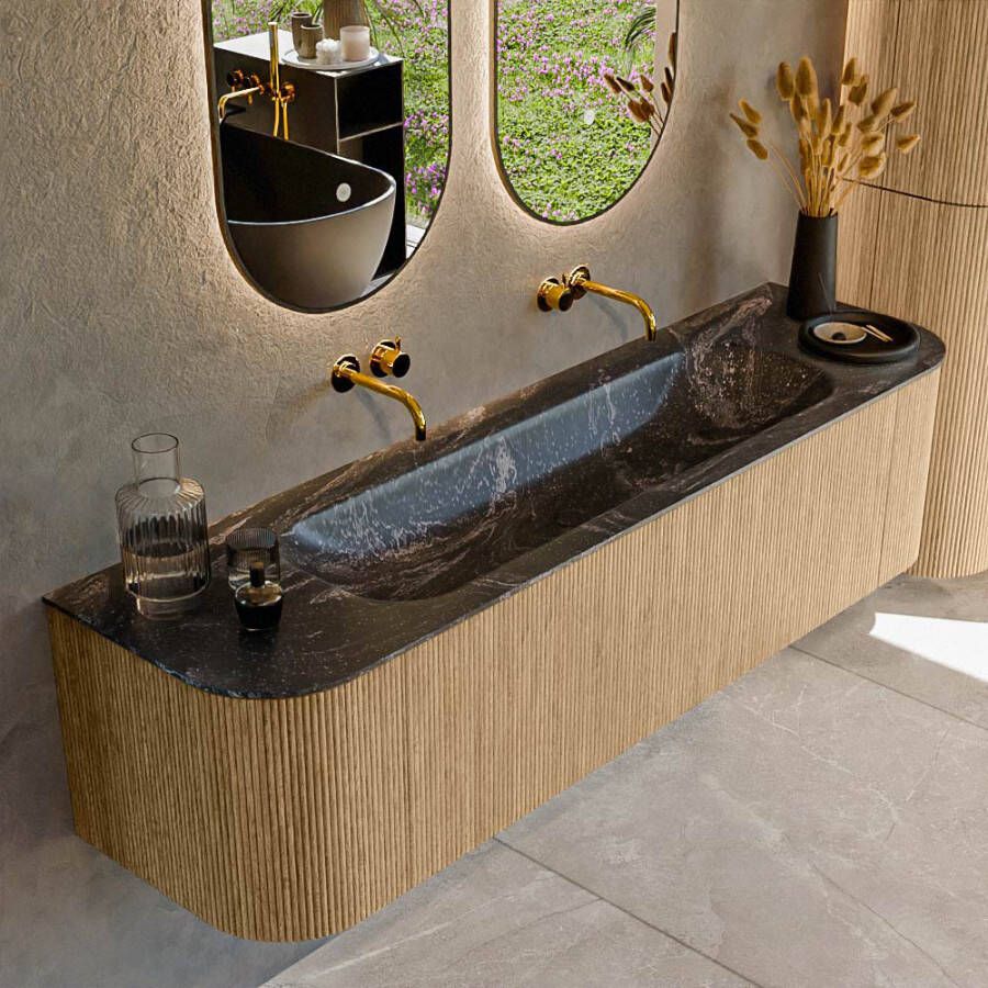 Mondiaz KURVE-DLUX 170cm badmeubel met module 25 Len R kleur Oak met 1 lade en 2 deuren. Wastafel BIG LARGE midden zonder kraangat kleur Lava. KRVBGL170L+R1L2D0KM-Oak Lav