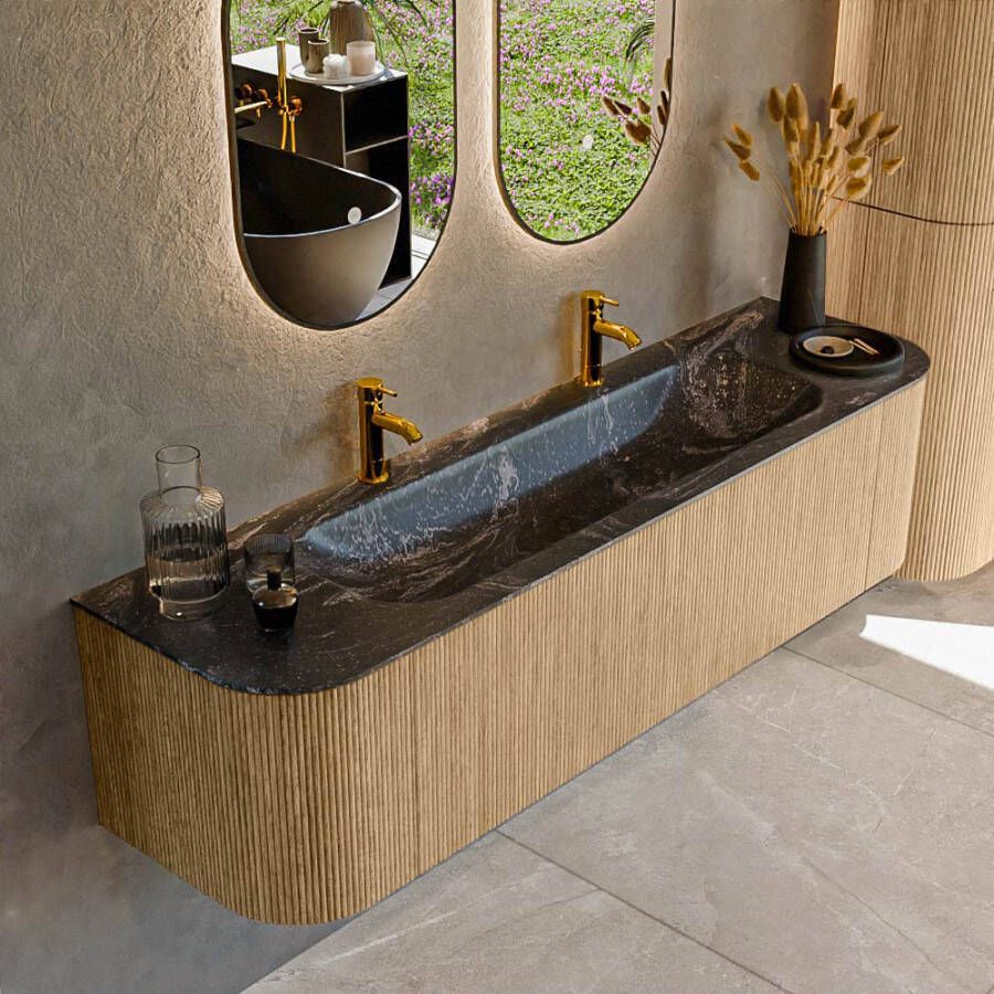 Mondiaz KURVE-DLUX 170cm badmeubel met module 25 Len R kleur Oak met 1 lade en 2 deuren. Wastafel BIG LARGE midden 2 kraangaten kleur Lava. KRVBGL170L+R1L2D2KM-Oak Lav