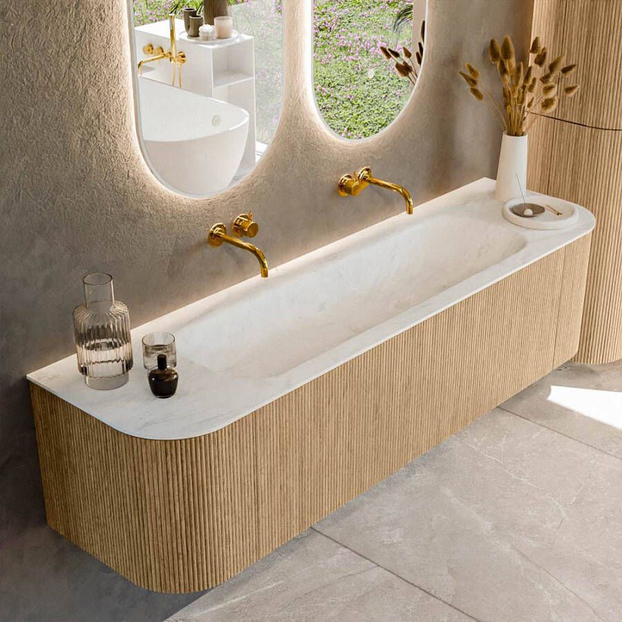 Mondiaz KURVE-DLUX 170cm badmeubel met module 25 Len R kleur Oak met 1 lade en 2 deuren. Wastafel BIG LARGE midden zonder kraangat kleur Opalo. KRVBGL170L+R1L2D0KM-Oak Opa