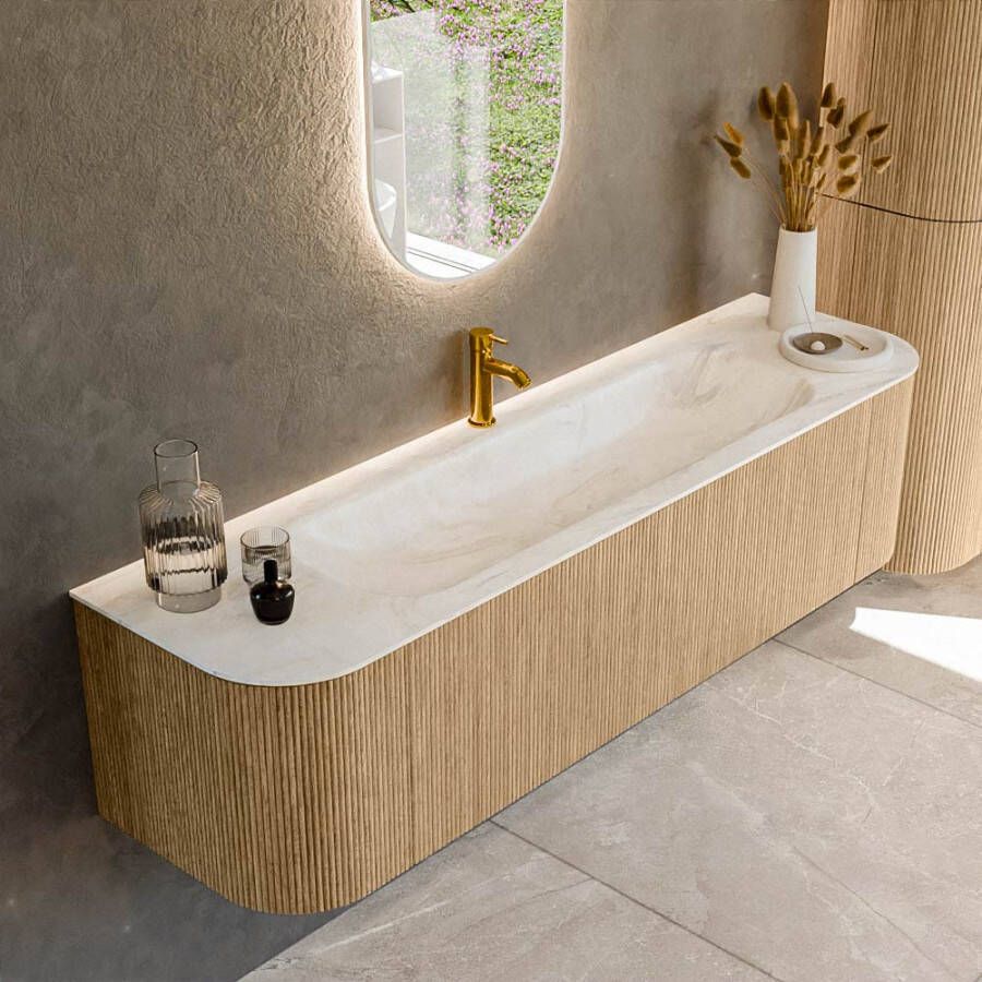 Mondiaz KURVE-DLUX 170cm badmeubel met module 25 Len R kleur Oak met 1 lade en 2 deuren. Wastafel BIG LARGE midden 1 kraangat kleur Ostra. KRVBGL170L+R1L2D1KM-Oak Ost