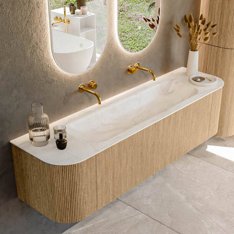 Mondiaz KURVE-DLUX 170cm badmeubel met module 25 Len R kleur Oak met 1 lade en 2 deuren. Wastafel BIG LARGE midden zonder kraangat kleur Ostra. KRVBGL170L+R1L2D0KM-Oak Ost