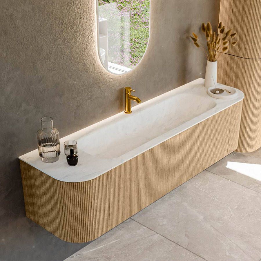 Mondiaz KURVE-DLUX 170cm badmeubel met module 25 Len R kleur Oak met 1 lade en 2 deuren. Wastafel BIG LARGE midden 1 kraangat kleur Opalo. KRVBGL170L+R1L2D1KM-Oak Opa
