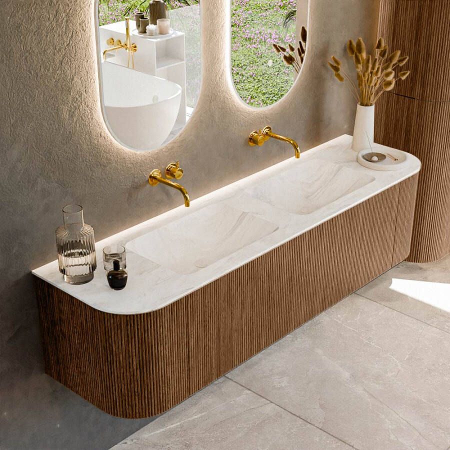 Mondiaz KURVE-DLUX 170cm badmeubel met module 25 Len R kleur Walnut met 1 lade en 2 deuren. Wastafel LEAF dubbel zonder kraangat kleur Ostra. KRVLEA170L+R1L2D0KD-Wal Ost