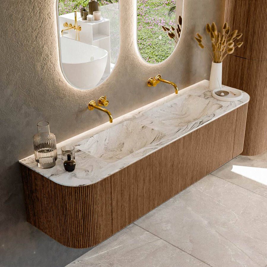 Mondiaz KURVE-DLUX 170cm badmeubel met module 25 Len R kleur Walnut met 1 lade en 2 deuren. Wastafel LEAF dubbel zonder kraangat kleur Glace. KRVLEA170L+R1L2D0KD-Wal Gla