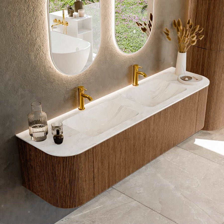 Mondiaz KURVE-DLUX 170cm badmeubel met module 25 Len R kleur Walnut met 1 lade en 2 deuren. Wastafel LEAF dubbel 2 kraangaten kleur Ostra. KRVLEA170L+R1L2D2KD-Wal Ost