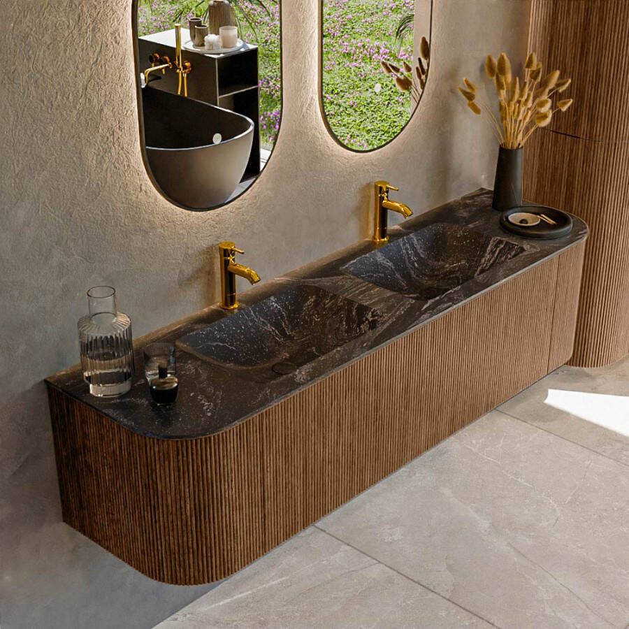 Mondiaz KURVE-DLUX 170cm badmeubel met module 25 Len R kleur Walnut met 1 lade en 2 deuren. Wastafel LEAF dubbel 2 kraangaten kleur Lava. KRVLEA170L+R1L2D2KD-Wal Lav