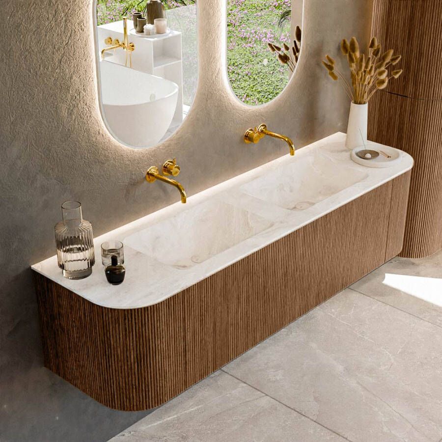 Mondiaz KURVE-DLUX 170cm badmeubel met module 25 Len R kleur Walnut met 1 lade en 2 deuren. Wastafel LEAF dubbel zonder kraangat kleur Frappe. KRVLEA170L+R1L2D0KD-Wal Fra