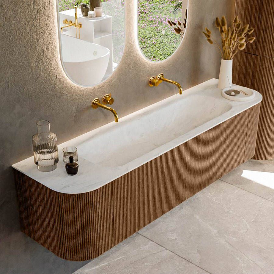 Mondiaz KURVE-DLUX 170cm badmeubel met module 25 Len R kleur Walnut met 1 lade en 2 deuren. Wastafel BIG LARGE midden zonder kraangat kleur Opalo. KRVBGL170L+R1L2D0KM-Wal Opa