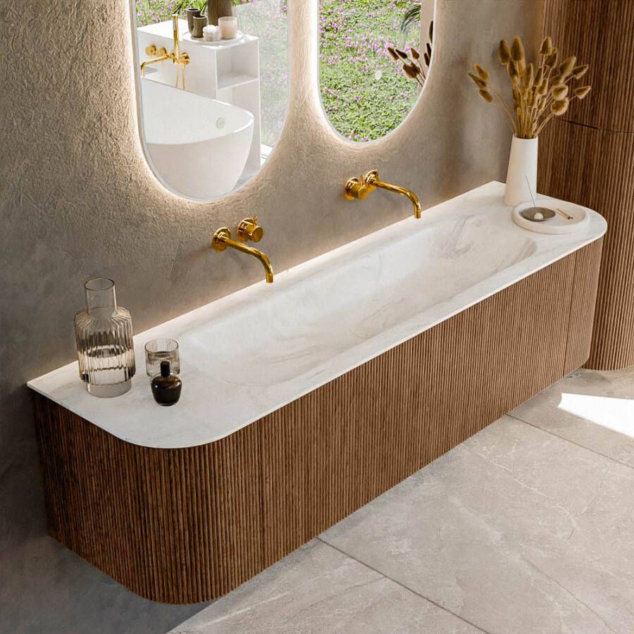 Mondiaz KURVE-DLUX 170cm badmeubel met module 25 Len R kleur Walnut met 1 lade en 2 deuren. Wastafel BIG LARGE midden zonder kraangat kleur Ostra. KRVBGL170L+R1L2D0KM-Wal Ost