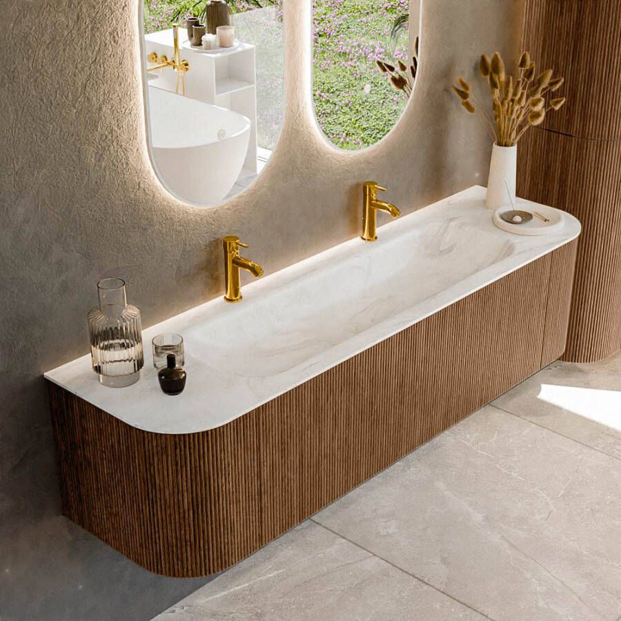 Mondiaz KURVE-DLUX 170cm badmeubel met module 25 Len R kleur Walnut met 1 lade en 2 deuren. Wastafel BIG LARGE midden 2 kraangaten kleur Ostra. KRVBGL170L+R1L2D2KM-Wal Ost