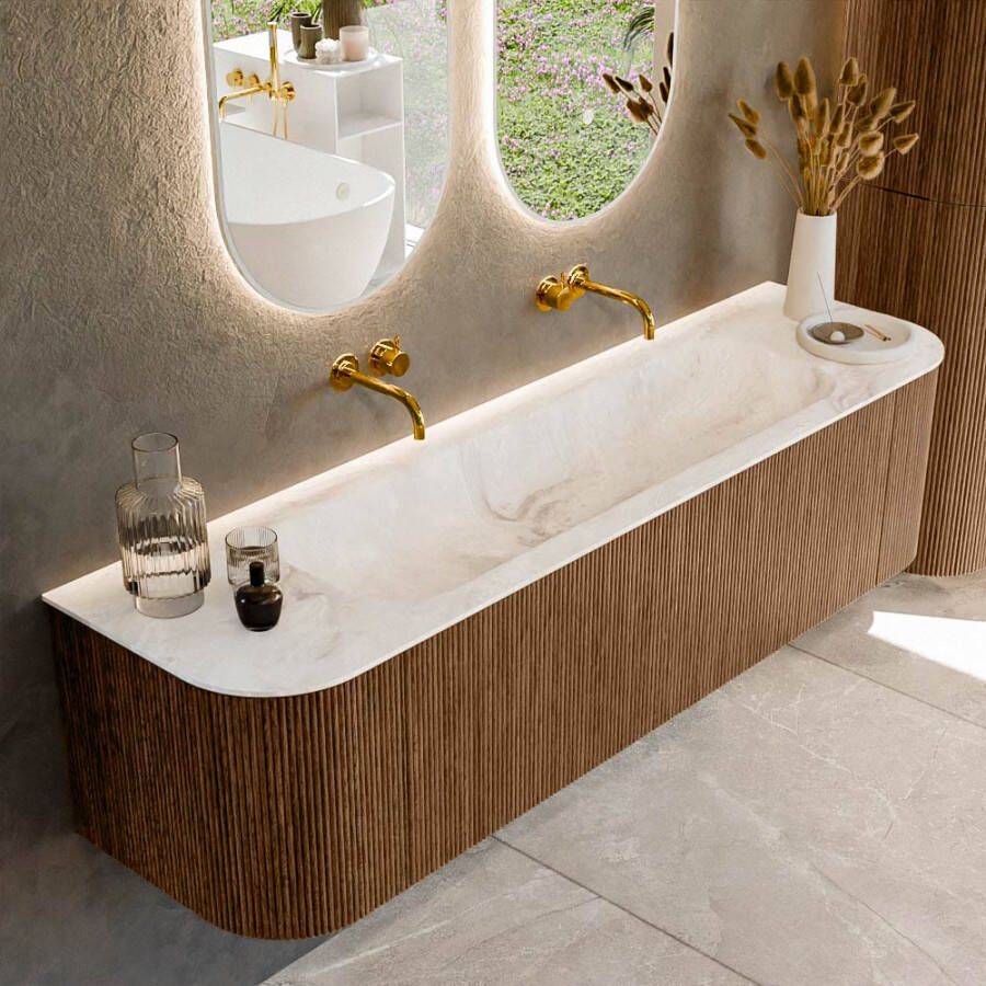 Mondiaz KURVE-DLUX 170cm badmeubel met module 25 Len R kleur Walnut met 1 lade en 2 deuren. Wastafel BIG LARGE midden zonder kraangat kleur Frappe. KRVBGL170L+R1L2D0KM-Wal Fra
